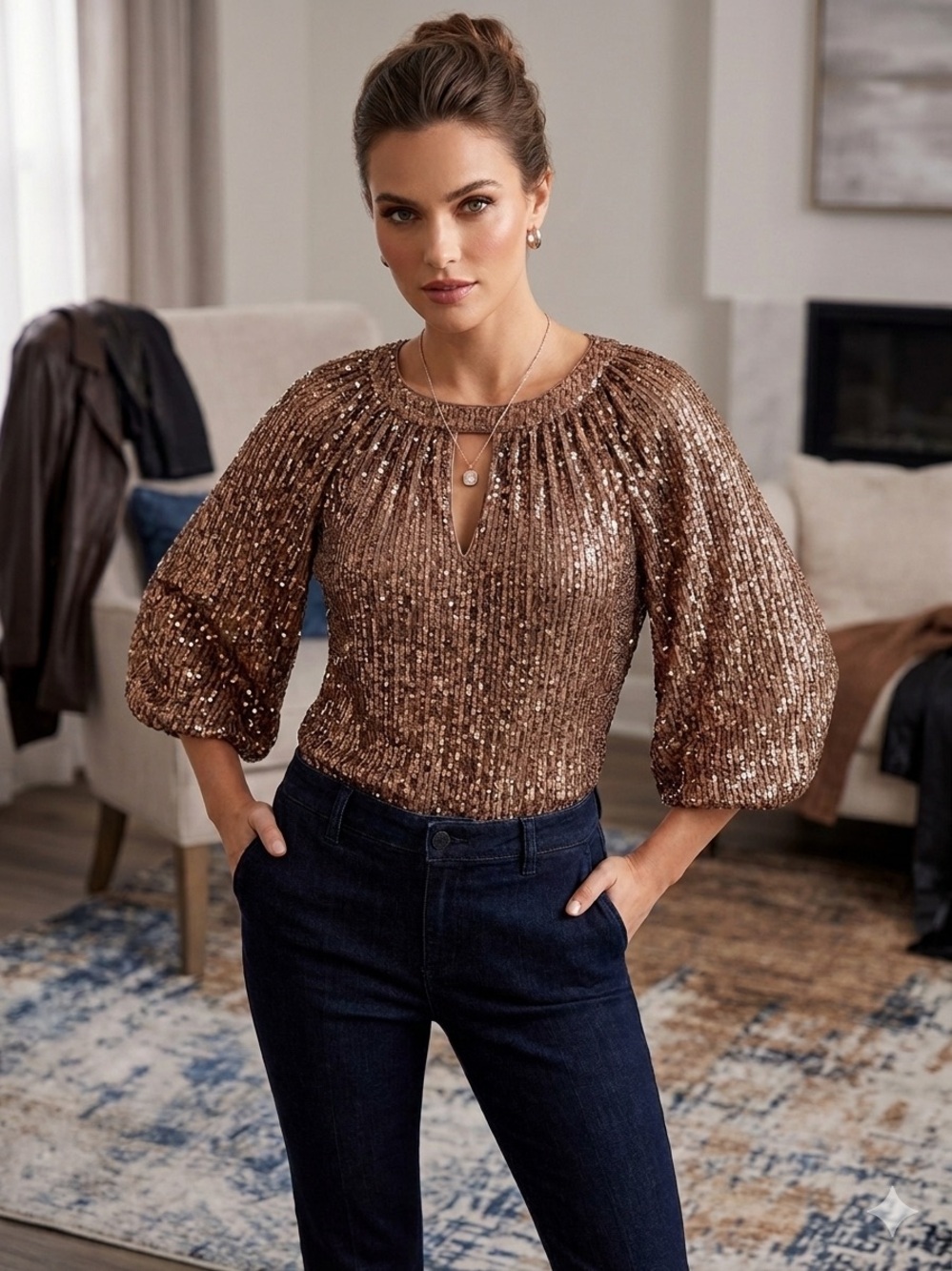 Vince Camuto Rose Gold Sequin Peasant Blouse